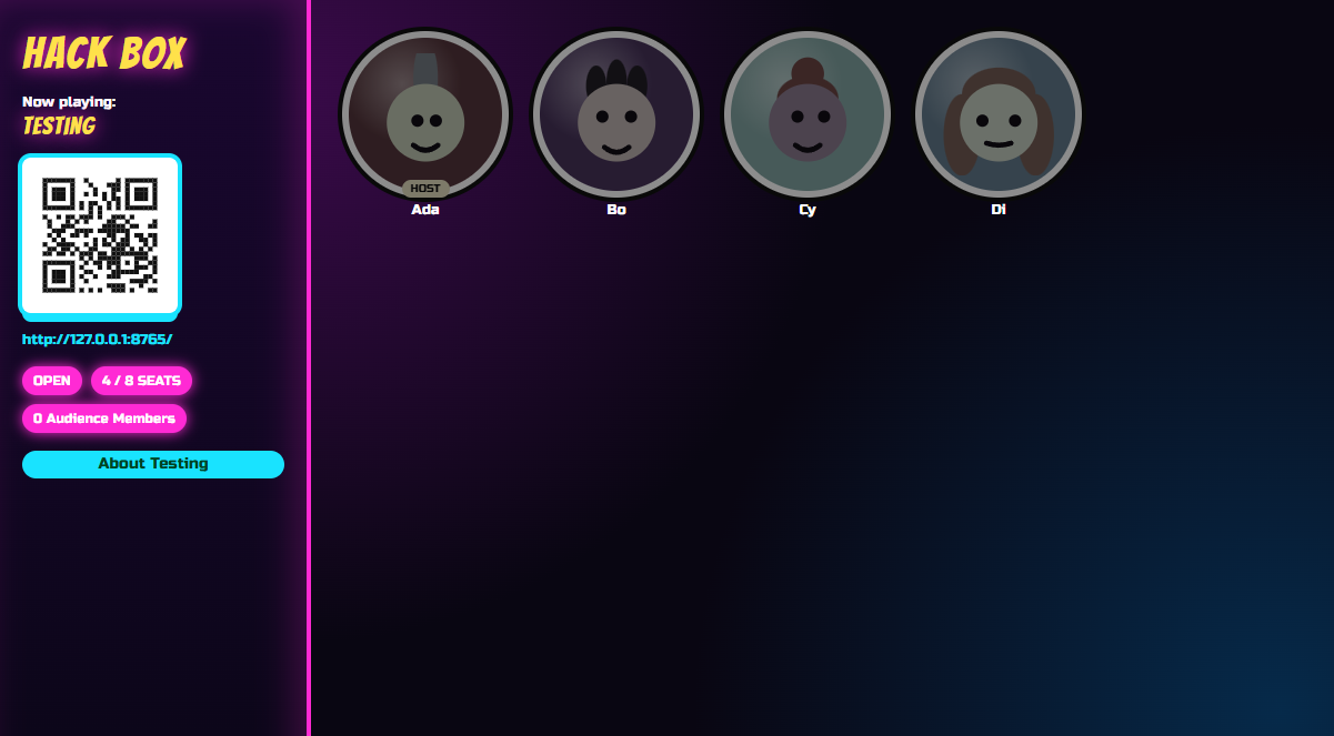 The GrabBag.gg game screen, showing player faces and a QR code to join